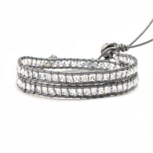 NEW! Crystals on Gray Leather 2-Wrap Bracelet